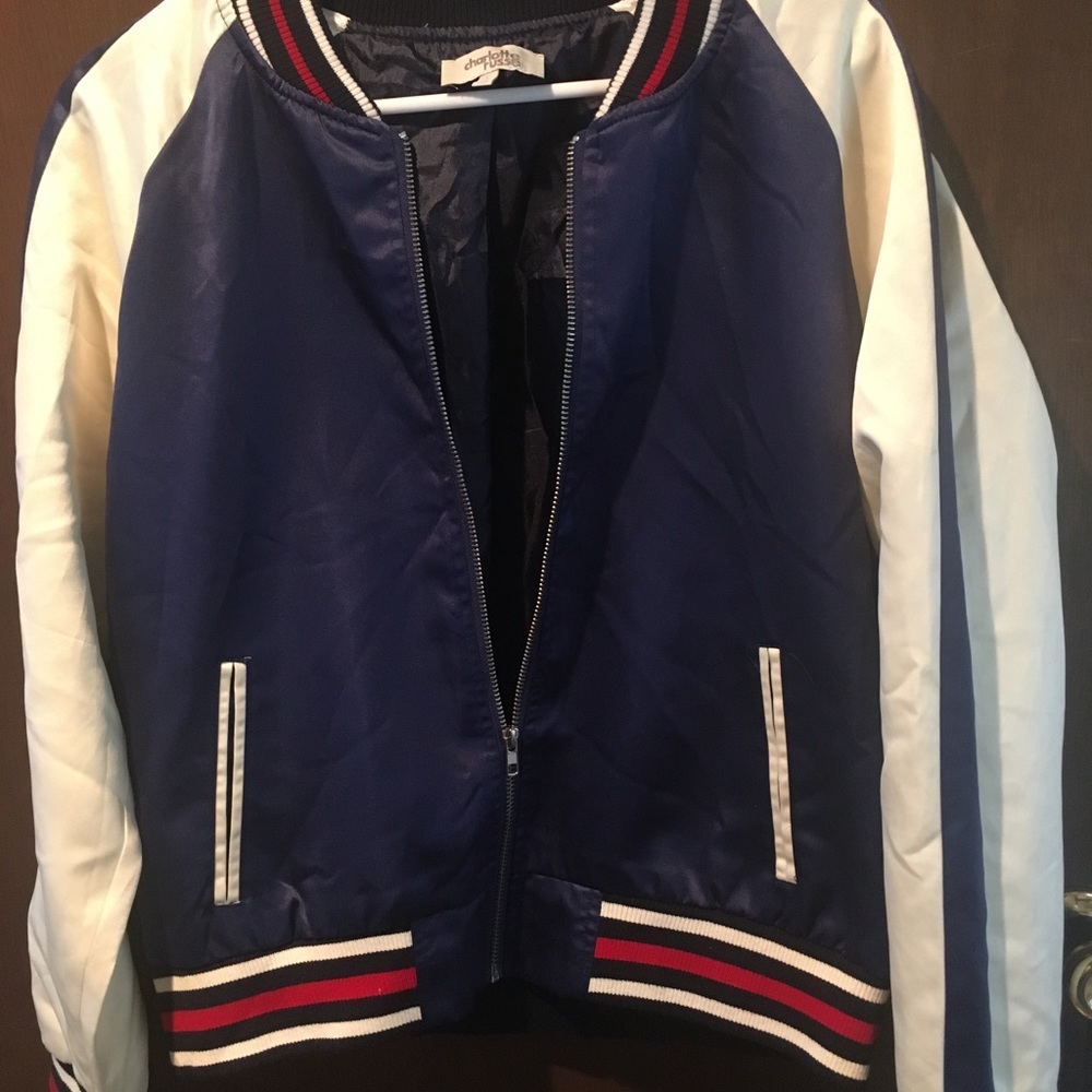Charlotte Russe Satin Baseball Jacket -Navy and Off white Size Large